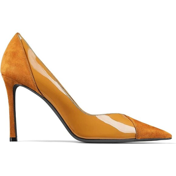 Women's Brown Pointed Toe Pumps Patent Suede Heel Stiletto Slip On High Heels - Picture 4 of 5